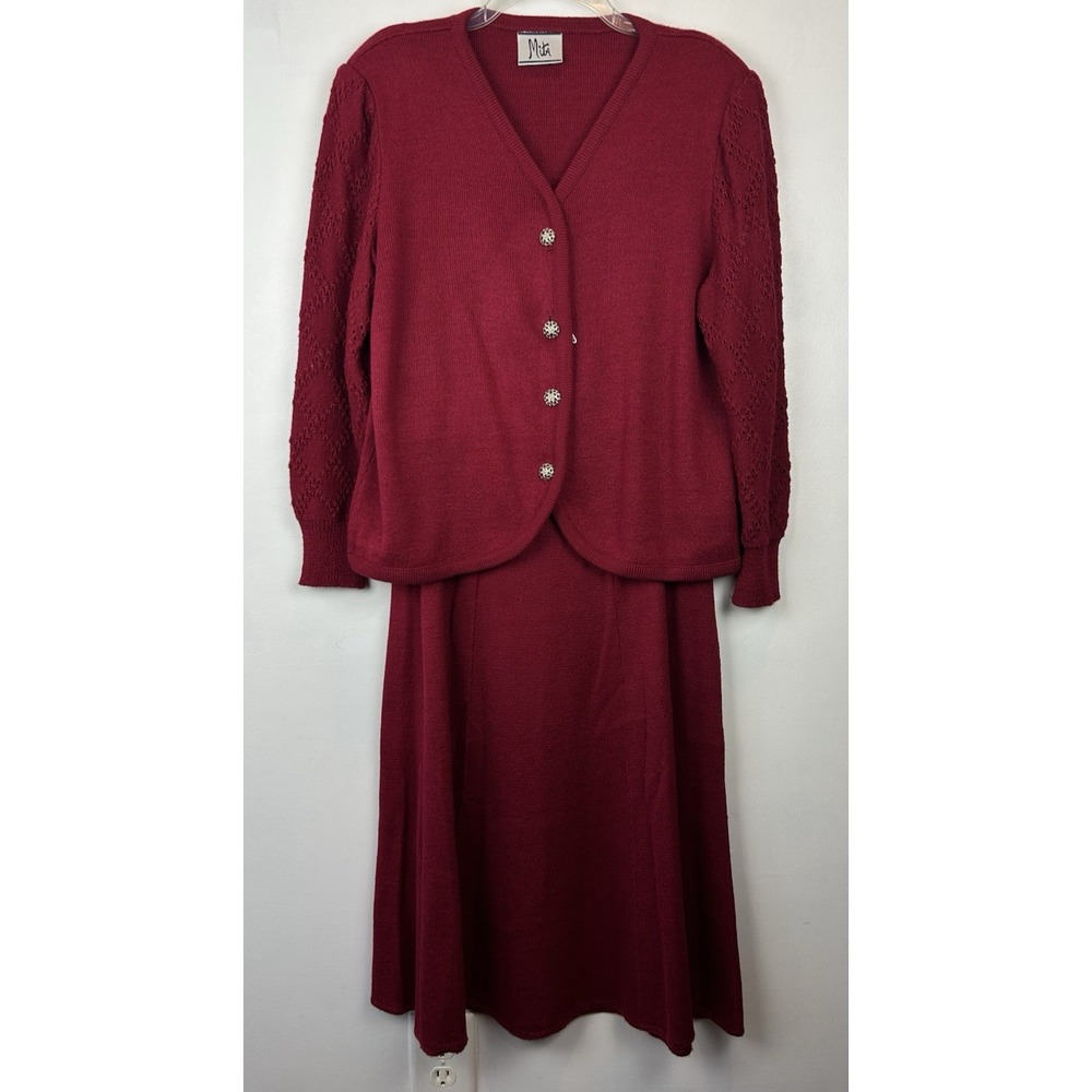 Vintage Mita Sweater Skirt Set Womens 14 Red Knit Suit 2 pc Stretchy Office